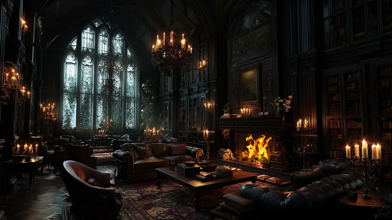 Night Rain on Gothic Glass & Warm Fireplace 🔥 Dark Victorian Library Ambience for Study and Sleep