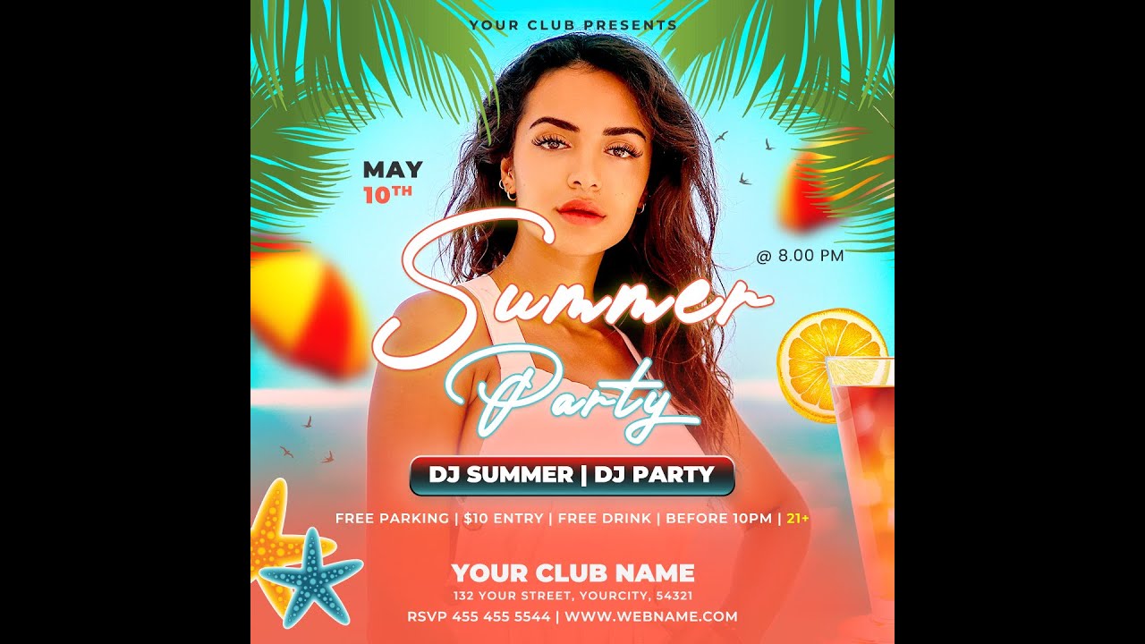 Editable PSD Flyer Template Tutorial | Beachside Bliss Summer Party Flyer Template