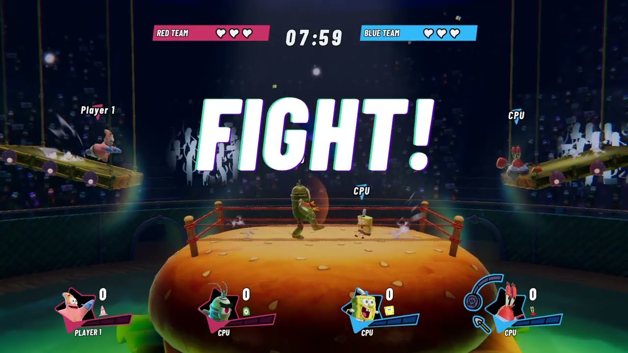 Nickelodeon All-Star Brawl 2 Patrick and Plankton vs SpongeBob and Mr. Krabs (Bun Wrestling Ring)