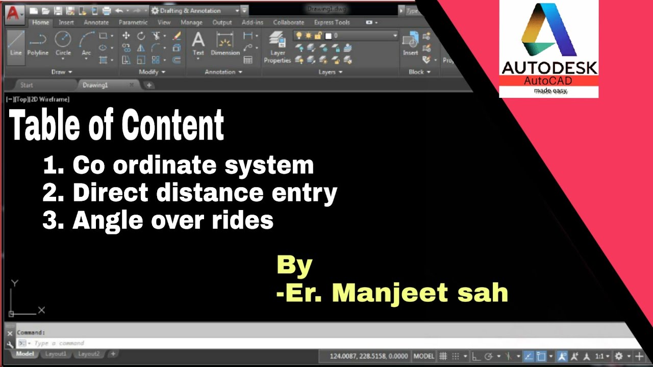 How to use Co-ordinate system, Direct Distance Entry, Angle over rides in AutoCAD