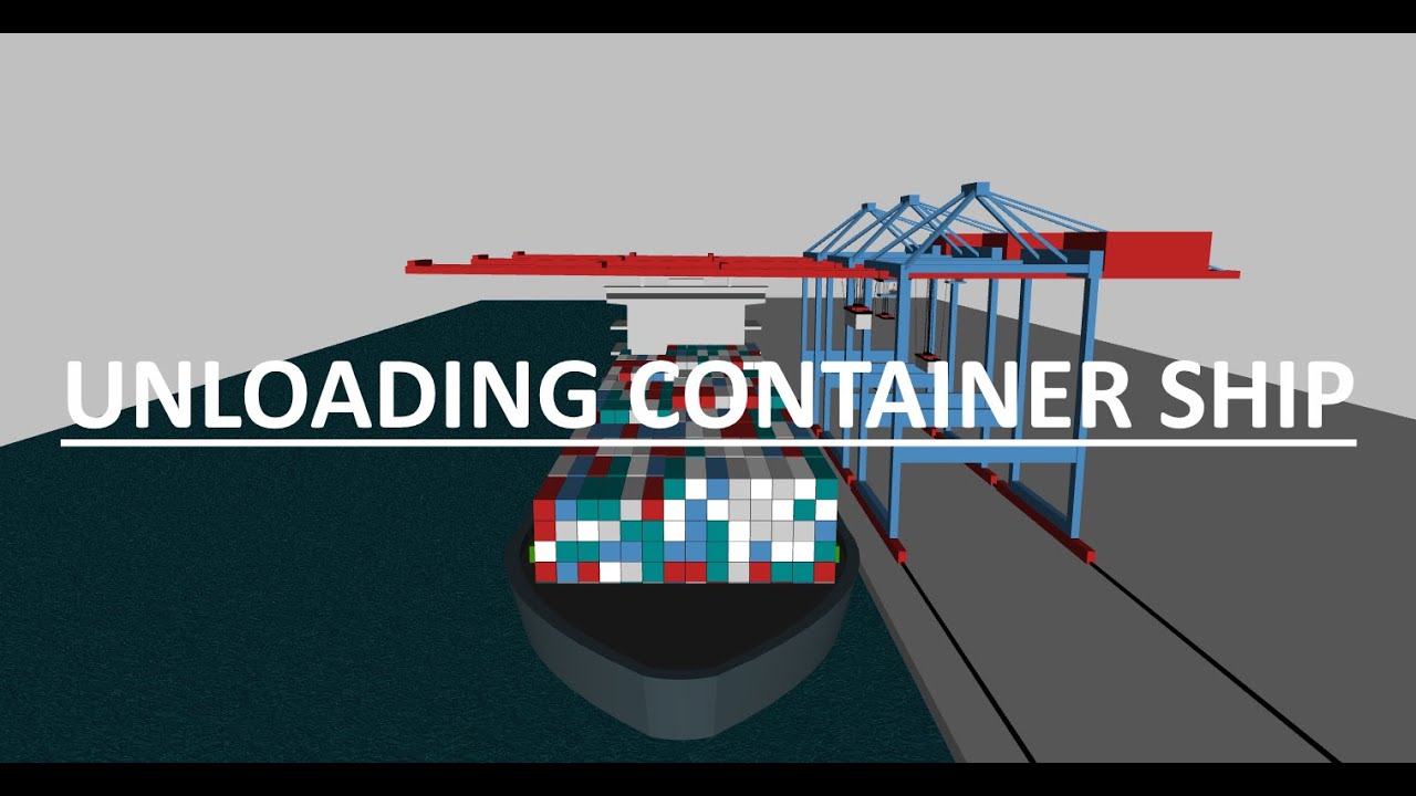 Unloading process of container ship. Anylogic.