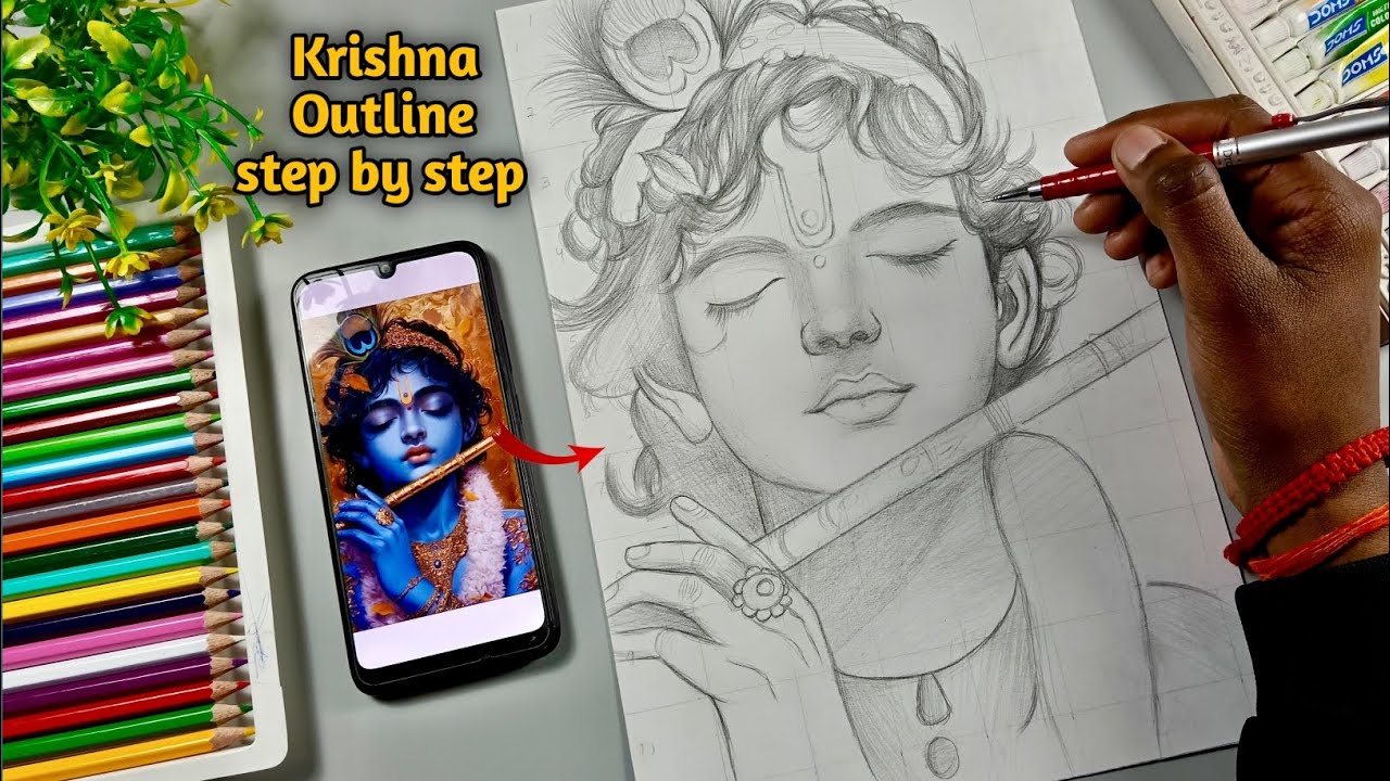 Krishna drawing Outline step by step 😄, How to draw krishna, Step By Step drawing 😍