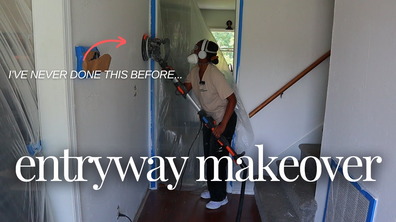 DIY BUDGET ENTRYWAY MAKEOVER | Skim Coating Over Textured Ceiling & Walls | Small Entryway | EP.1