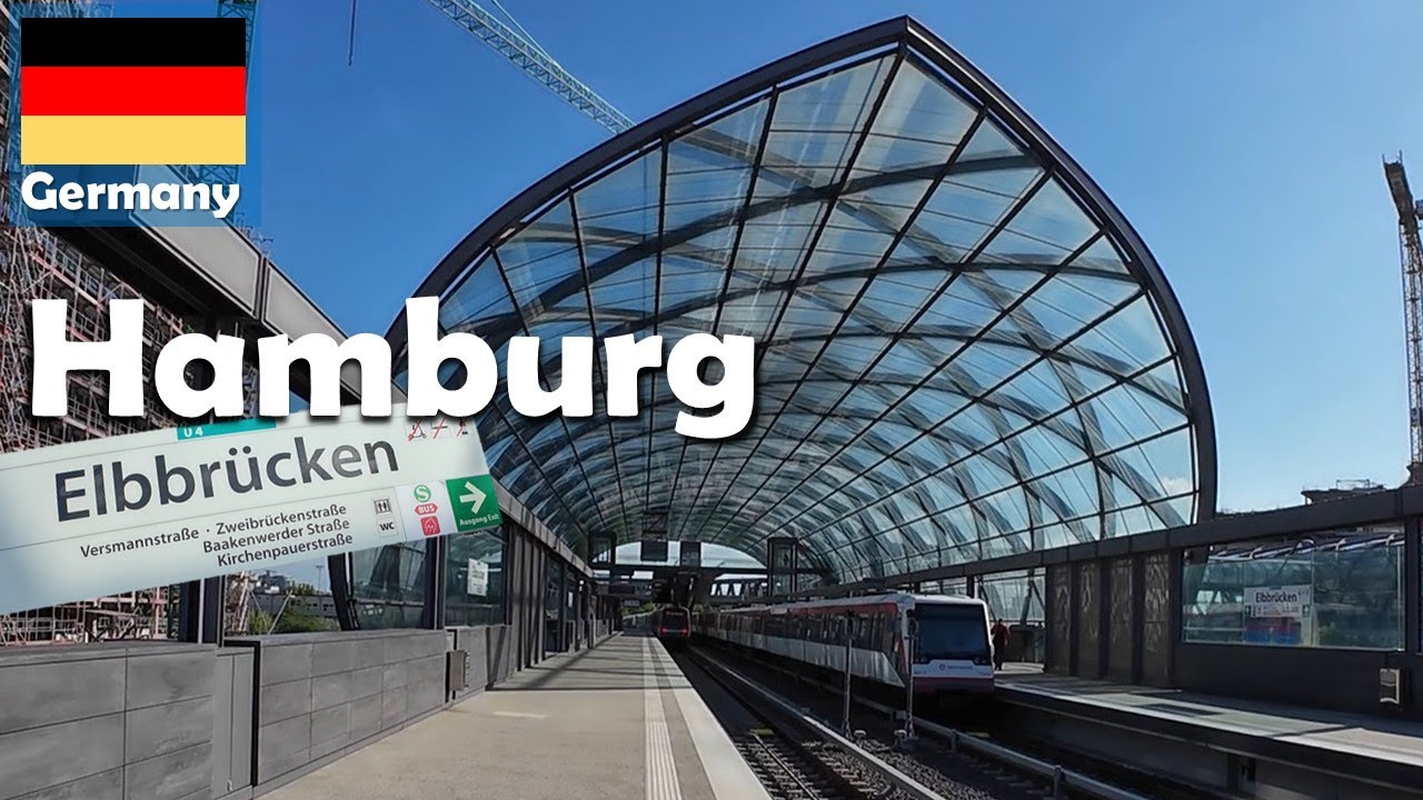 4K Hamburg Germany Walk in U-Bahn-Station Elbbrücken two futuristic glass buildings and 'Skywalk'