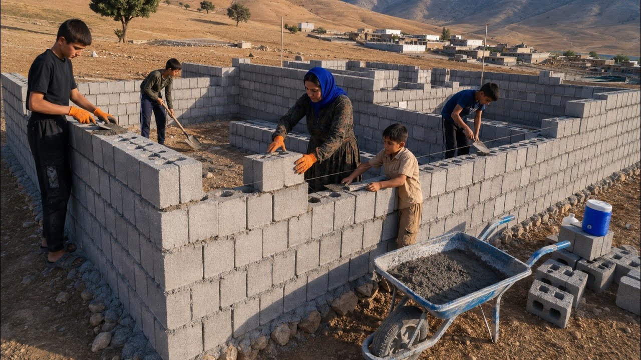 Building a house in the plain by a mother and her children with minimal resources