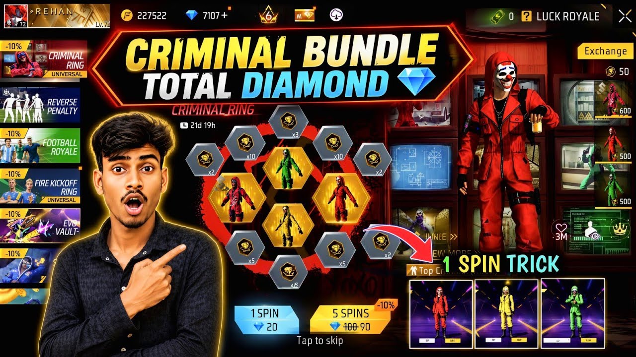ONLY 20 DIAMONDS!💎😍 | CRIMINAL RING EVENT ONE SPIN TRICK 🔥| FREE FIRE NEW EVENT | FF NEW EVENT