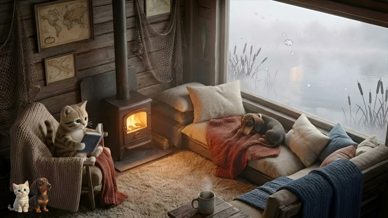 Cute Cat & Puppy Jazz Lo Fi ☕ Cozy Fireplace Vibes for Focus, Relax & Study 🐱🐶🕯️🎧