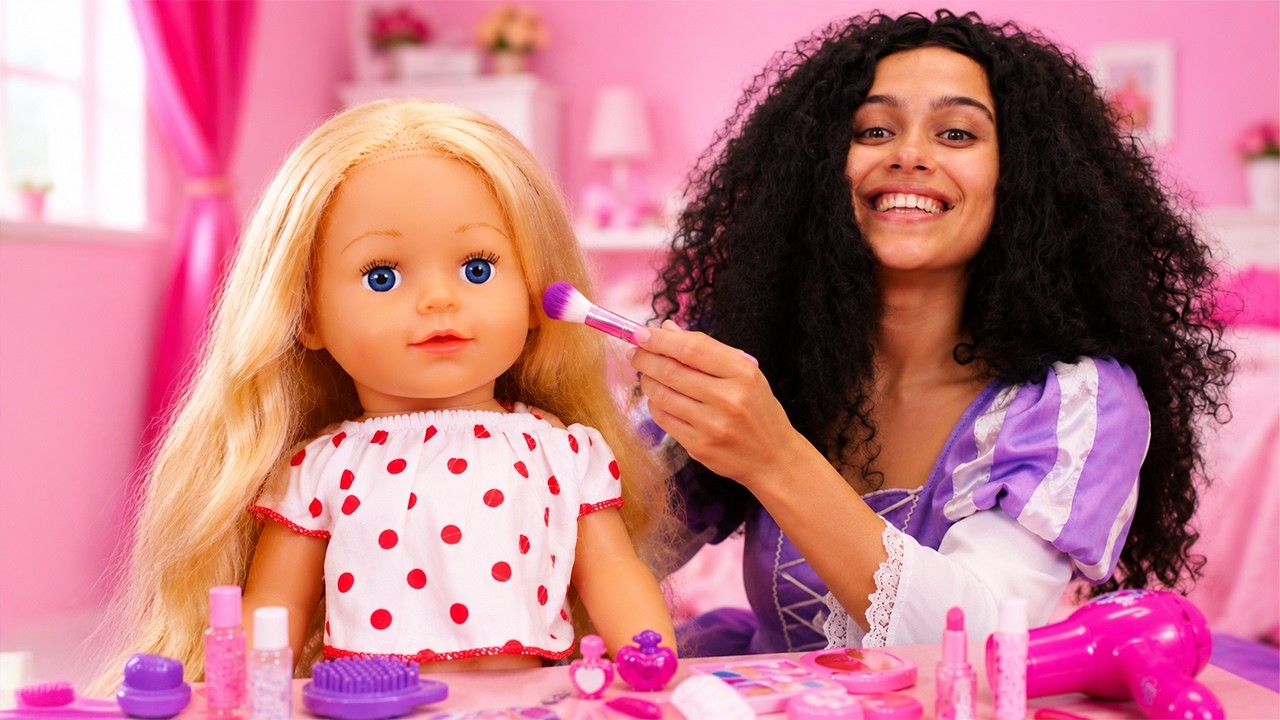 The princesses give the doll an unusual hairstyle and play beauty salon.