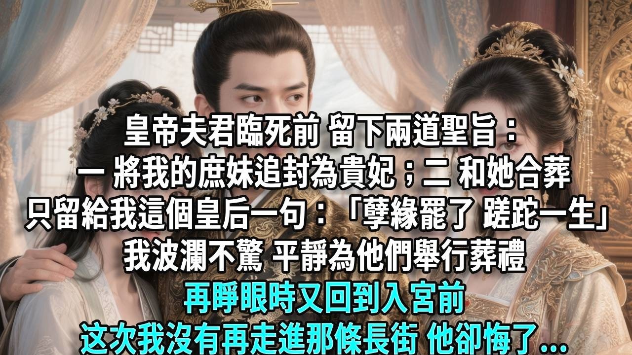 皇帝夫君臨死前留下兩道聖旨：一，將我的庶妹追封為貴妃；二，和她合葬。只留給我這個皇后一句：「孽緣罷了，蹉跎一生。」我波瀾不驚，平靜為他們舉行葬禮，再睜眼時，又回到了入宮前。我沒有再走進那條長街。
