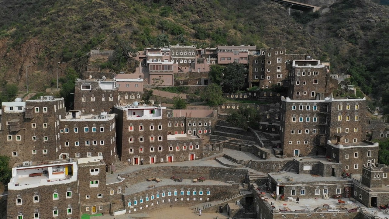 Rijal Almaa heritage village aerial view, Asir province, Rijal Alma, Saudi Arabia