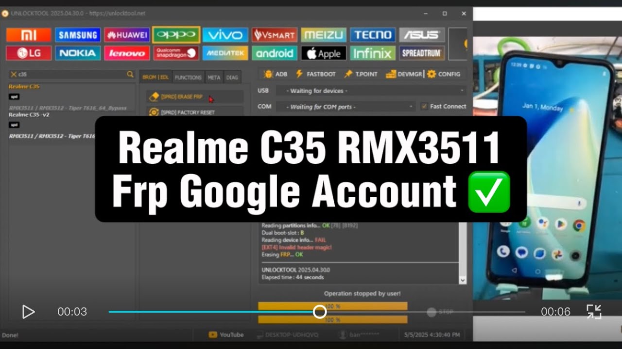 Realme C35 RMX3511 Frp Google Account bypass with Unlock Tool