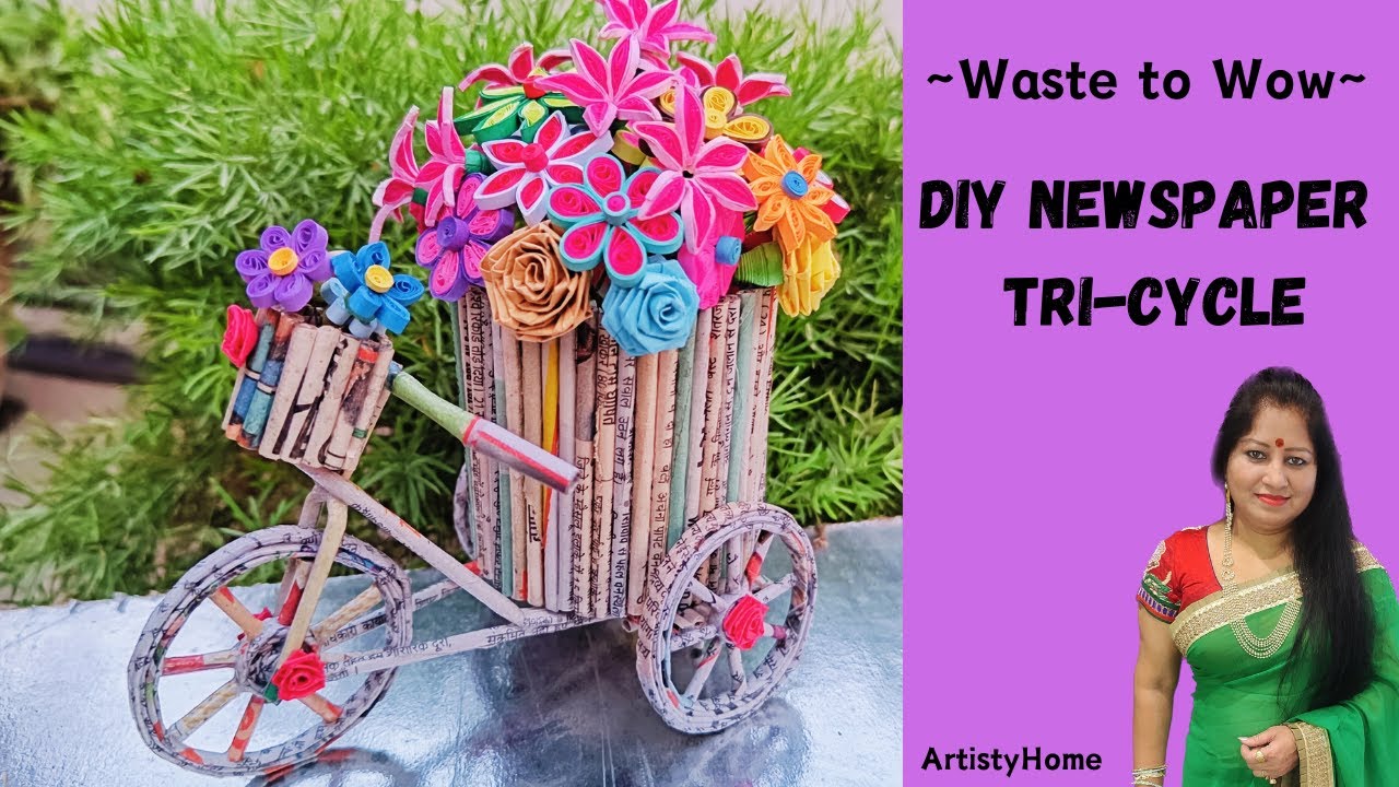 DIY Newspaper Tricycle with basket / Newspaper Craft/ Waste Material Craft/ Room Decor/Home Decor