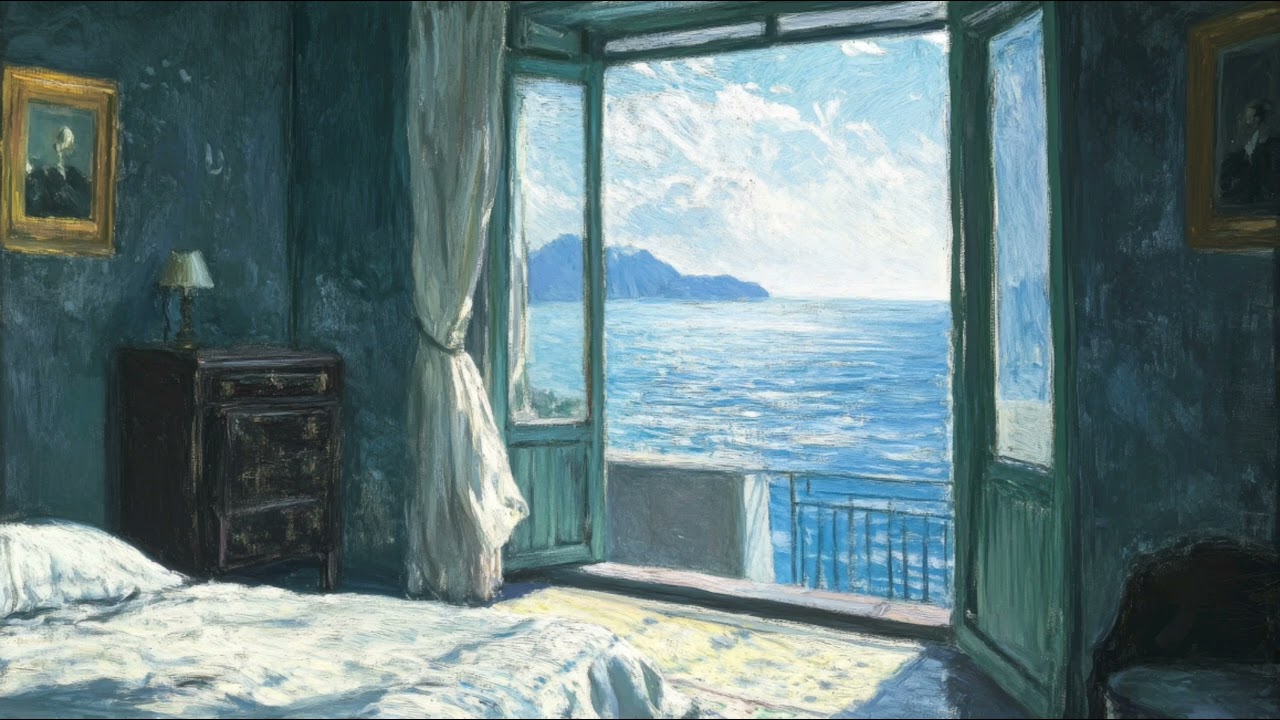 Sea view vintage painting with real sounds. frame TV, relaxing