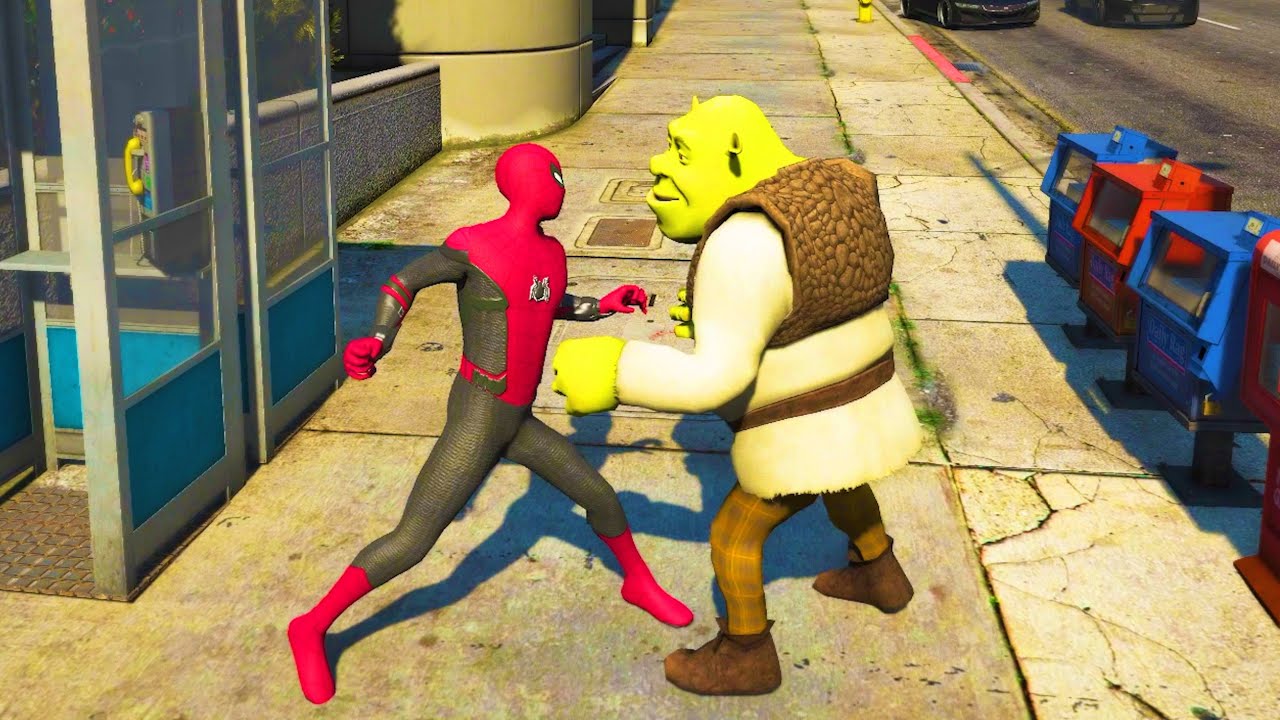 GTA 5 Ultimate Graphics Mod Spiderman VS Shrek Fight