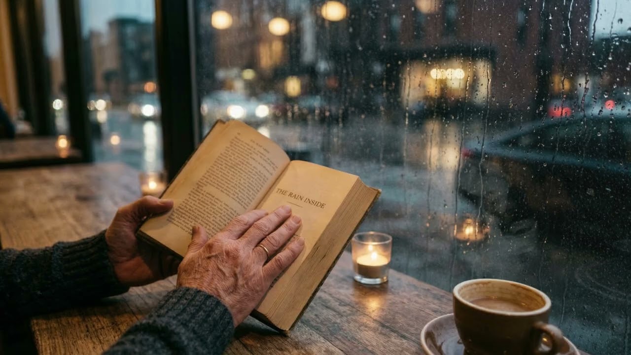 Hands holding book in cafe