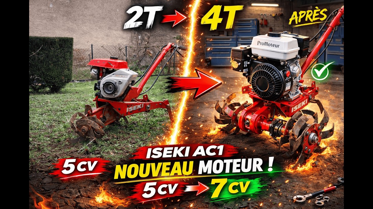 Motoculteur Iseki AC1  remplacement moteur 2 temps par 4 temps neuf !