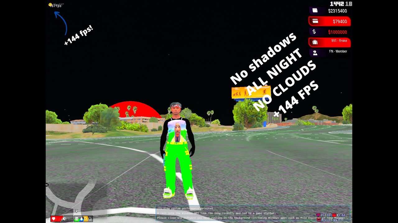 No day pack (only night) +144 fps, no shadows, no ENB, no time cycle.