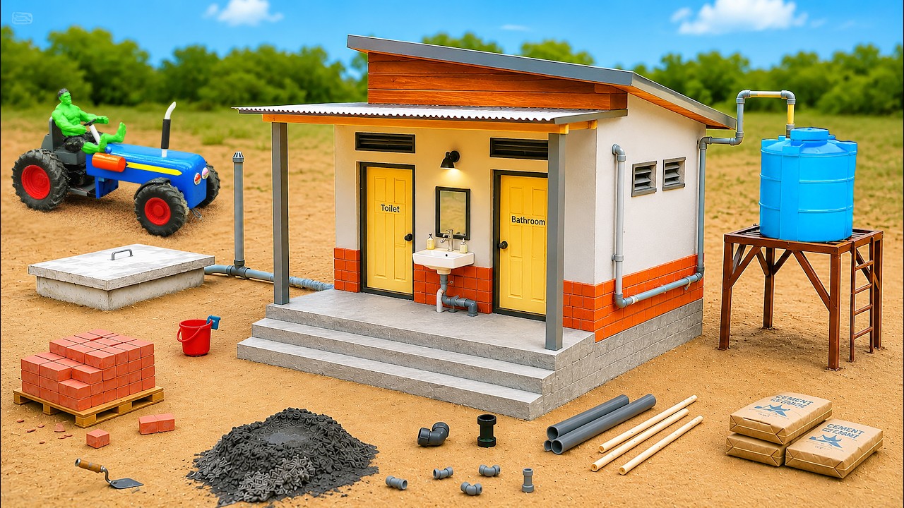DIY Mini Tractor Builds Toilet & Bathroom With Full Water Supply | Construction Science Project