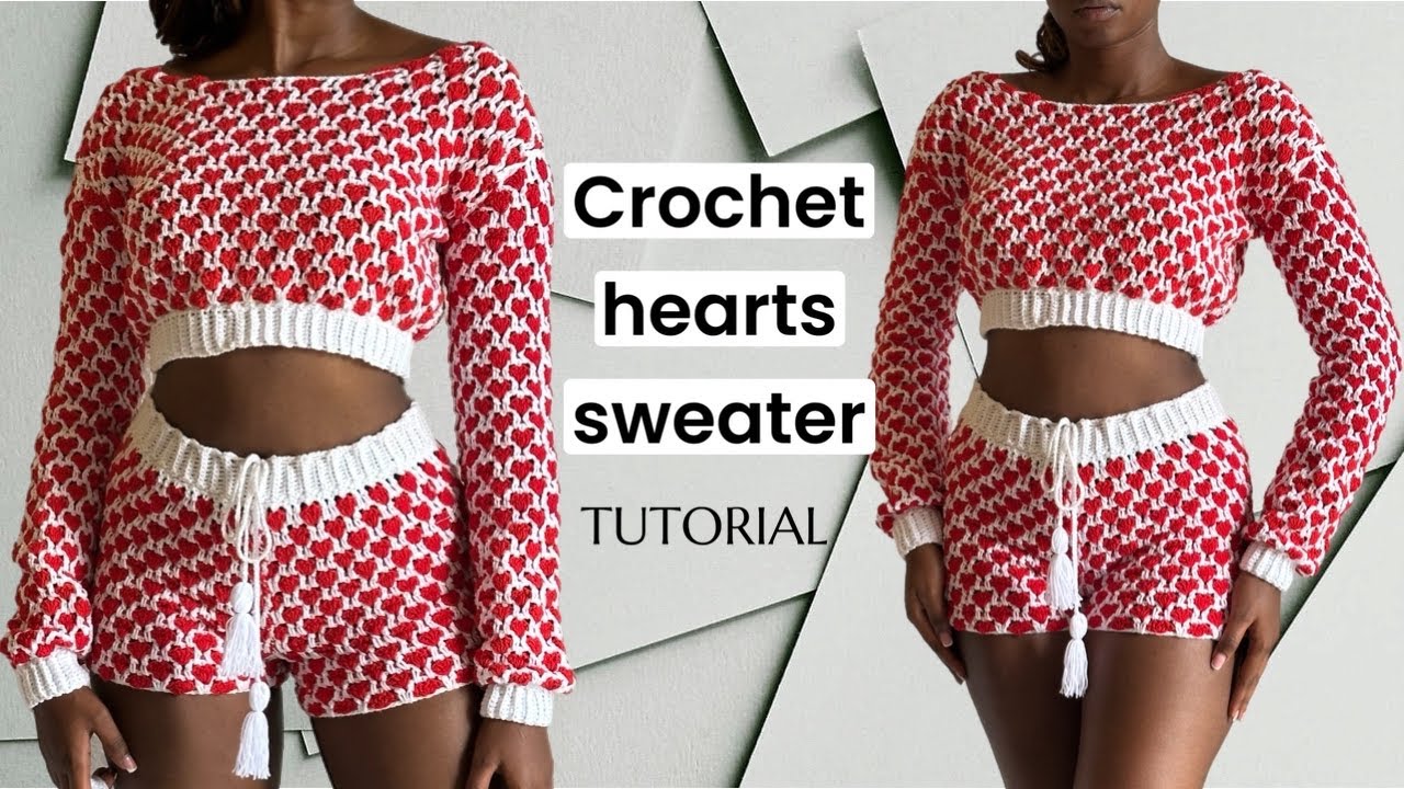 Valentines Hearts crochet cropped sweater tutorial 
