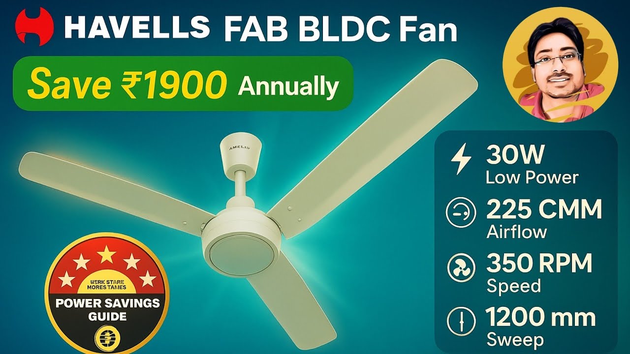 havells fab bldc ceiling fan। savings upto 65%। 30W।350 rpm ।air flow 225 cmm।4 modes।2 yr warranty