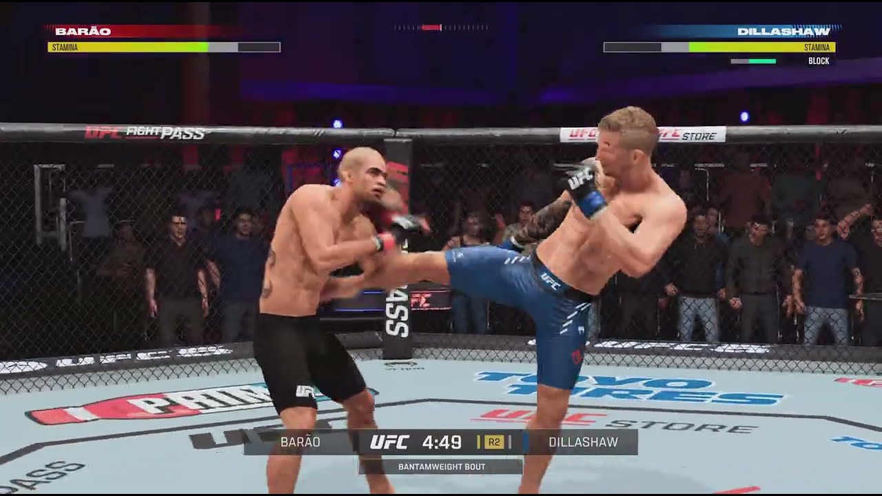 EA SPORTS UFC 5 TJ Dillashaw destroys opponent with leg kicks.