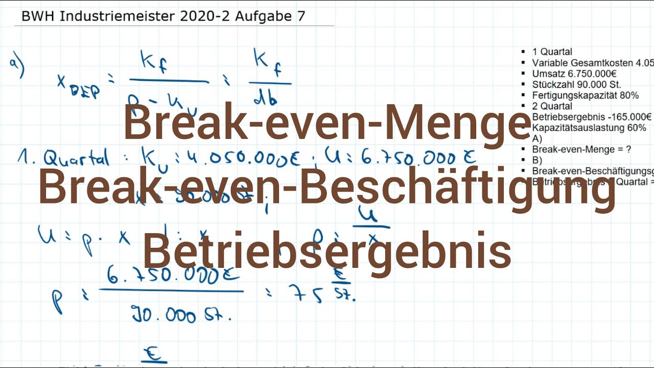 BWH Industriemeister Metall 2020-2 Herbst Aufgabe 7 - Break-even-Menge, Break-even-BG