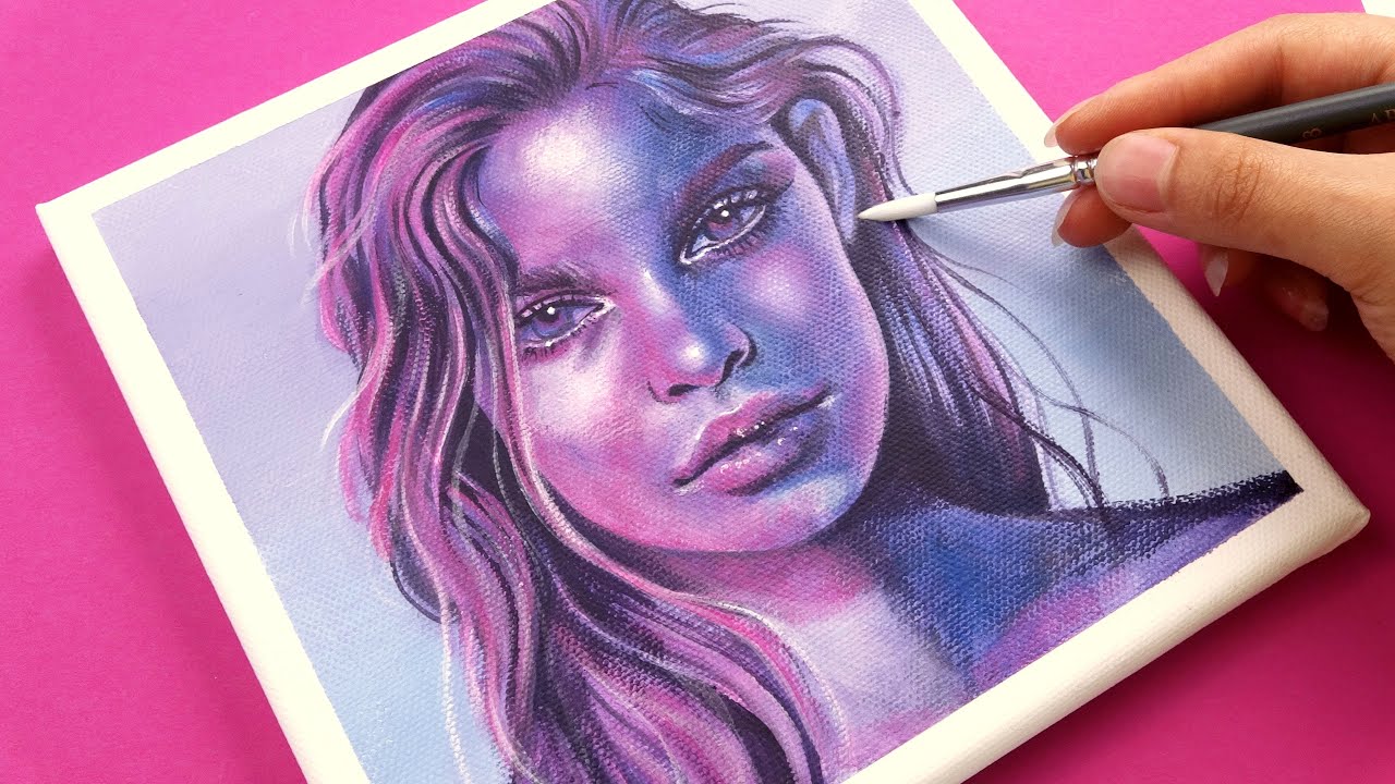 Neon Lights Portrait in Acrylics | How to paint a girl portrait in acrylics for beginner artists