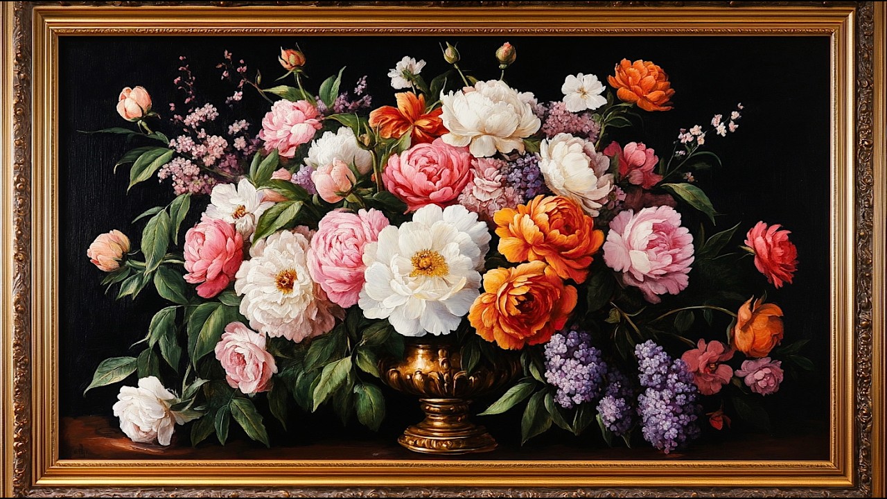 Golden Flower Vase Garden | Calming Floral Art for TV Display For Your Home To Feel At Peace