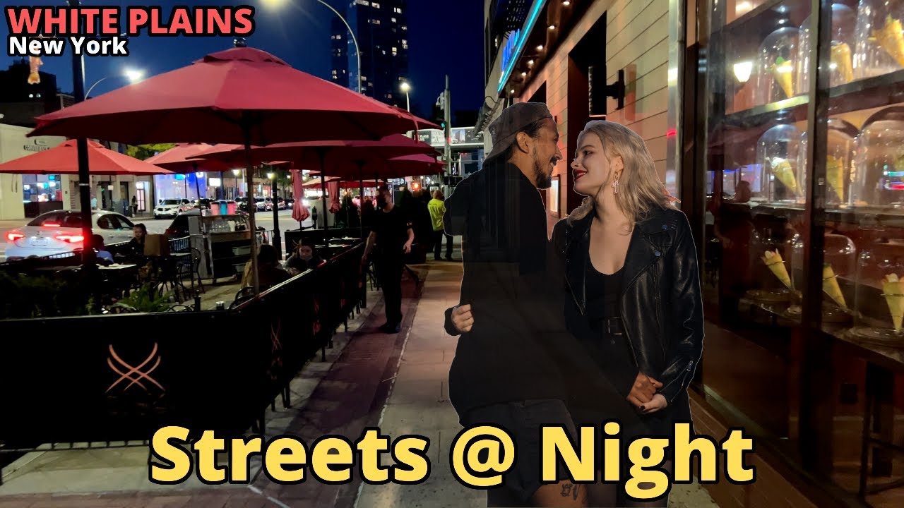 White Plains NY Westchester County. Walking The Streets At Night. Suburb Of New York City