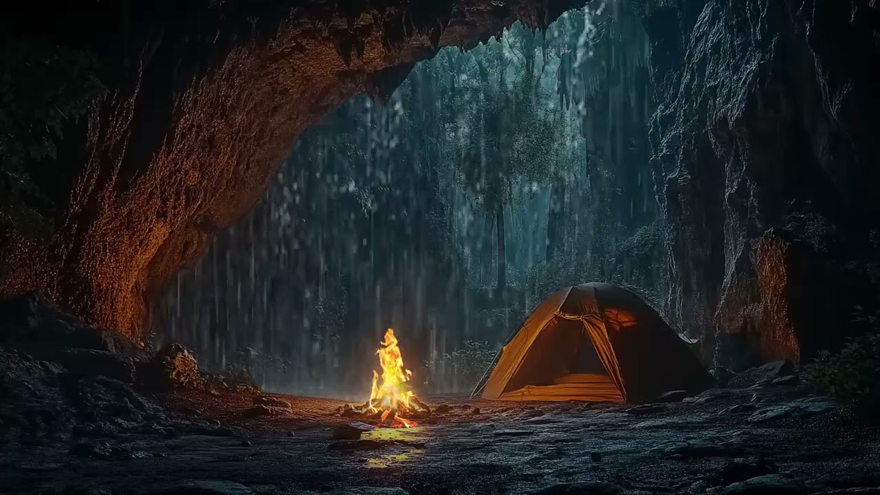 Rainy Night Ambience with Thunder Sounds and Campfire for Deep Relaxation and Stress Relief