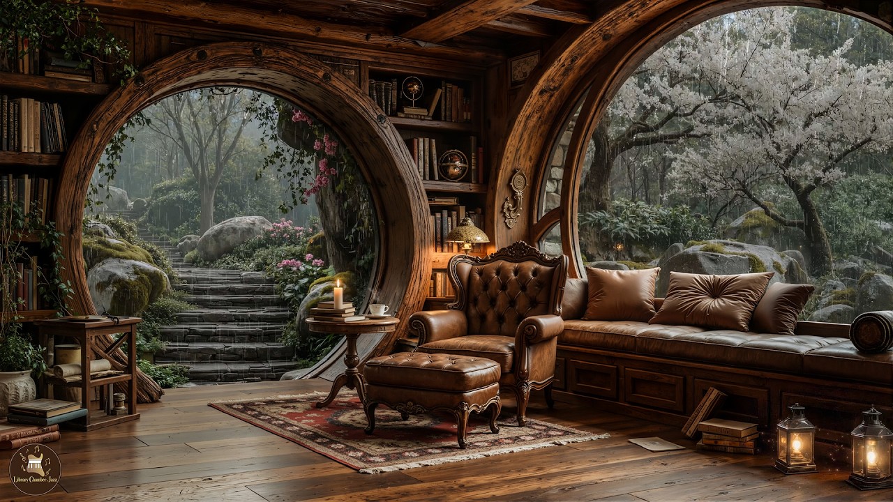 Calm Jazz in a Cozy Wooden Library for Rainy Evenings – Warm Jazz Vibes for Deep Thinking and Peace