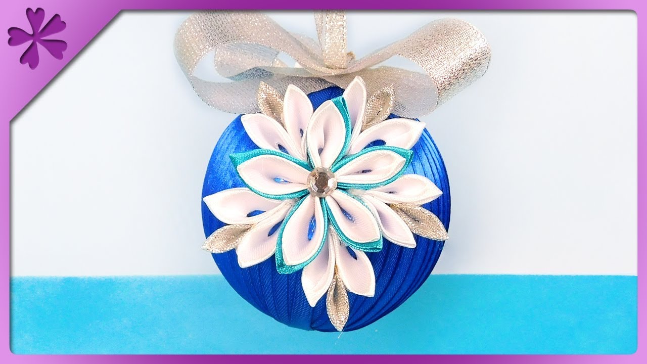 DIY How to make ribbon Christmas ball with kanzashi flowers (ENG Subtitles) - Speed up #418