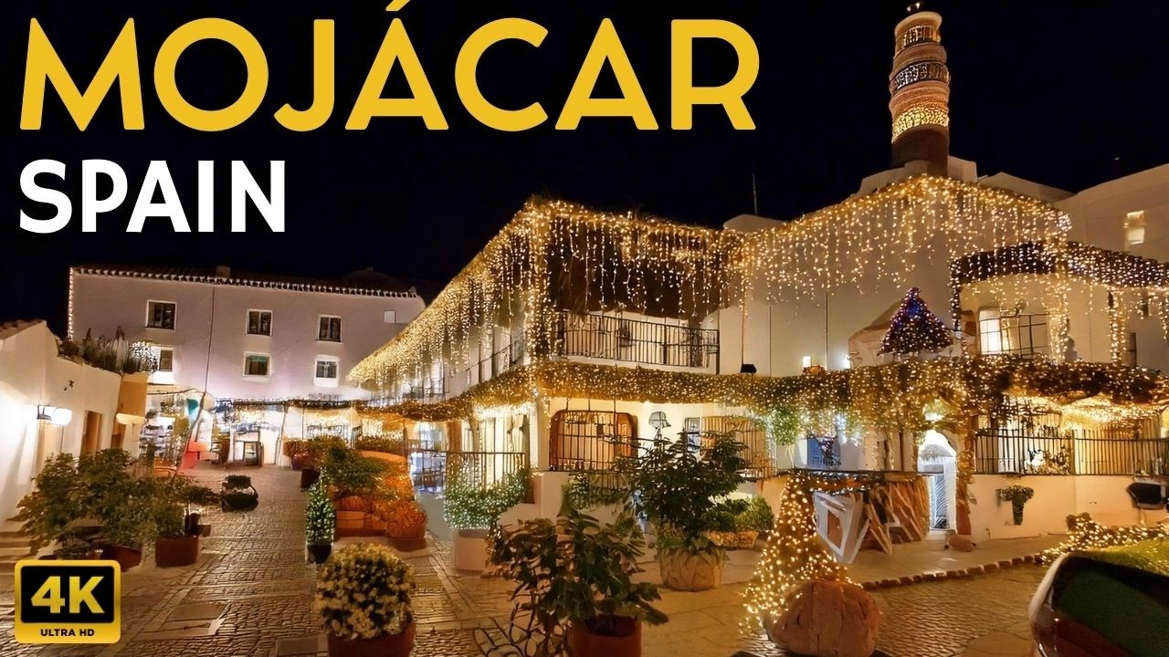 Night Walk in Mojácar, Spain 🇪🇸 New Year’s Eve with Christmas Decorations & Street Lights 4K  🎄