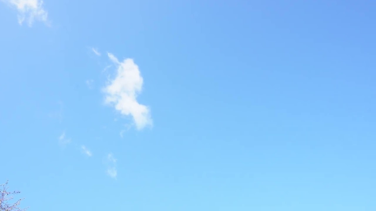 Blue sky view with a few clouds passing, garden noise in the background, chirping birds sounds
