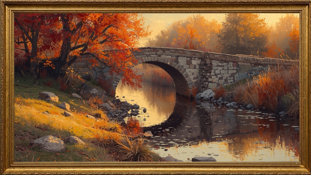 2 Hours Old Stone Bridge at Sunset | Autumn River Oil Painting | 4K Frame TV Art & Relaxation