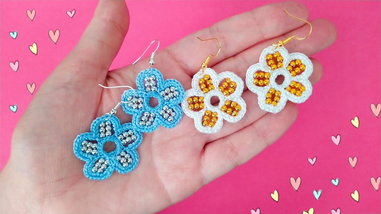 Colorful 5-Petal Crochet Earrings with Golden & Silver Beads 🌸✨