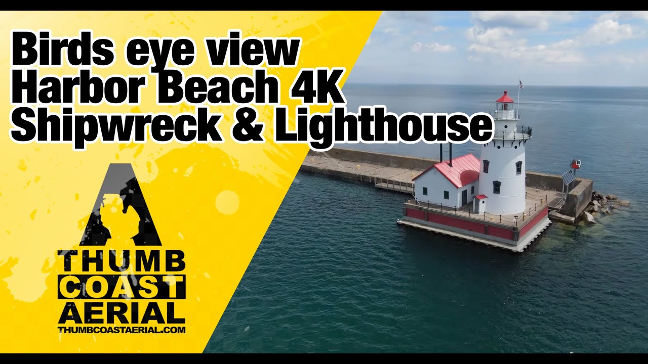 4k Birds Eye view of Harbor Beach Sanilac County Michigan  Light house and Shipwreck, MI.