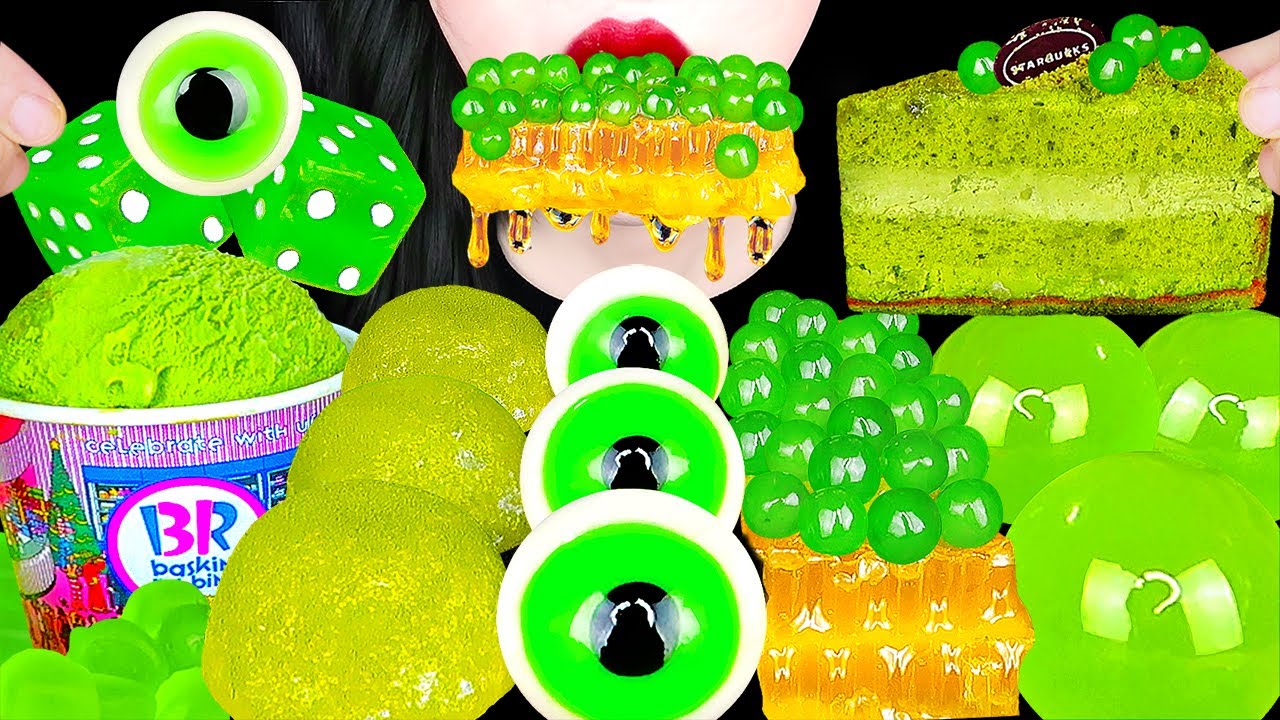 ASMR GREEN FOOD 초록색 음식 HONEYCOMB, TAPIOCA PEARLS, GUMMY JELLY, ICE CREAM 벌집꿀 타피오카펄, 눈알젤리 먹방 MUKBANG