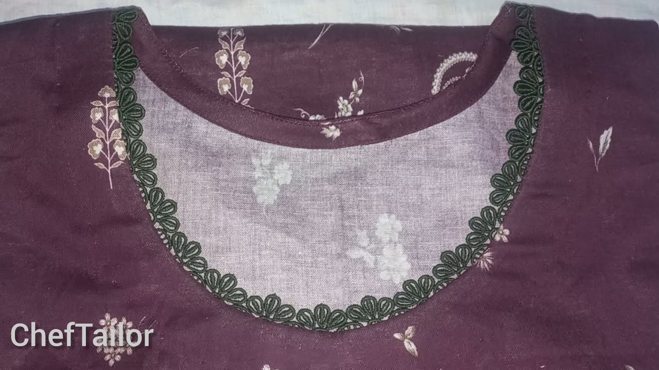 Round neck with lace design by ChefTailor || How to attached lace round neck design || 