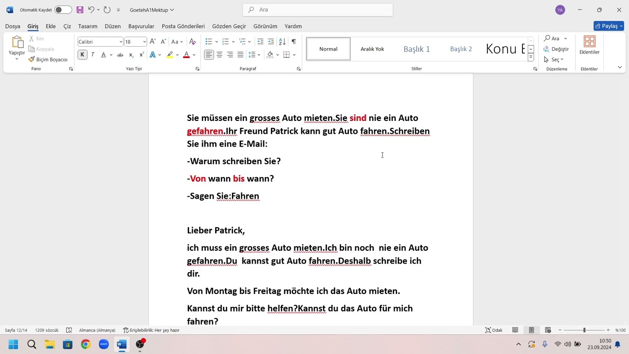 Aile Birleşimi Sınavı/Almanca A1 Sınavı Mektup Örneği 51