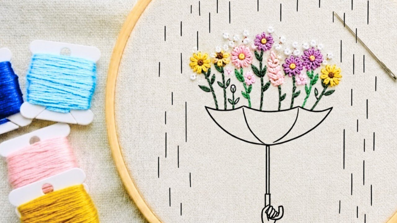 Relaxing Umbrella Flower Embroidery | Calm Hand Stitching with Soft Music