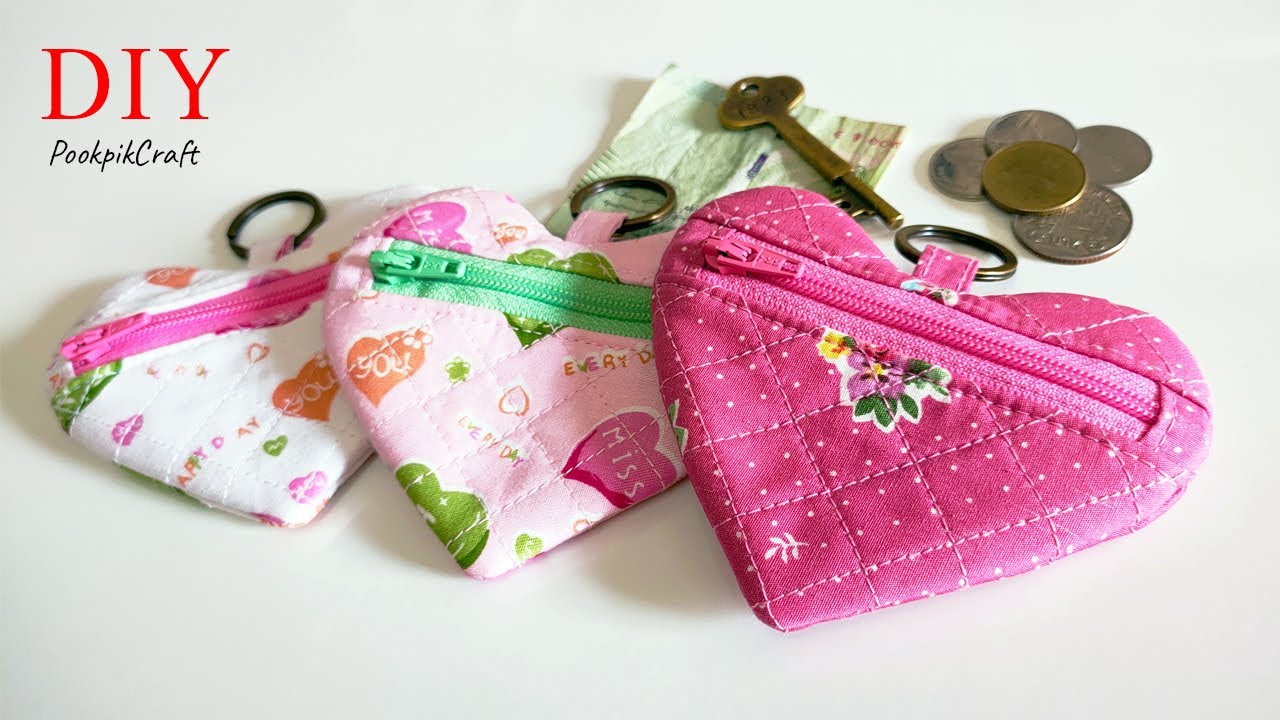 DIY Heart Coin Purse | Heart Zipper Pouch | Sewing Tutorial | กระเป๋าใส่เหรียญรูปหัวใจ