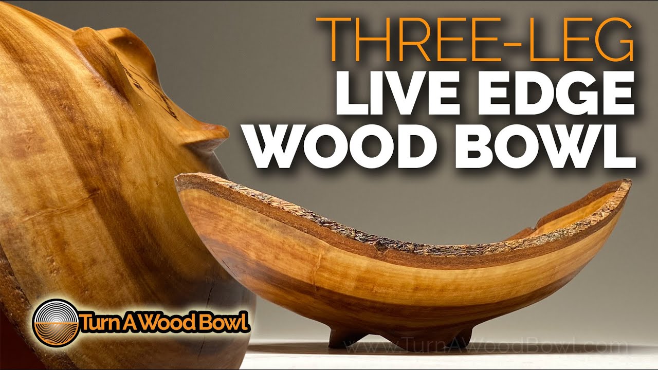 Three-Leg Live Edge Wood Bowl Natural Bark Rim 3 Feet Base - Woodturning Video