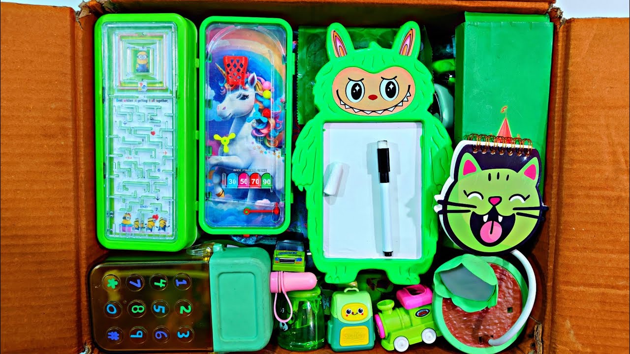 Unboxing Unique Green Stationery 📚, Pencil Box, Sketch Board, Diary, Desk lamp, Water Bottle, Eraser
