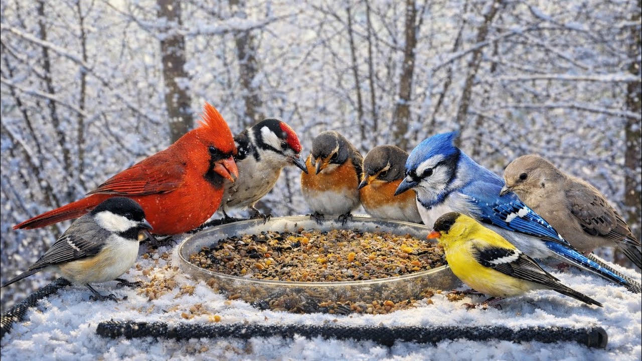 Bird TV for cats 😺❄️ snow-dusted bird party! 4K HDR 60FPS 