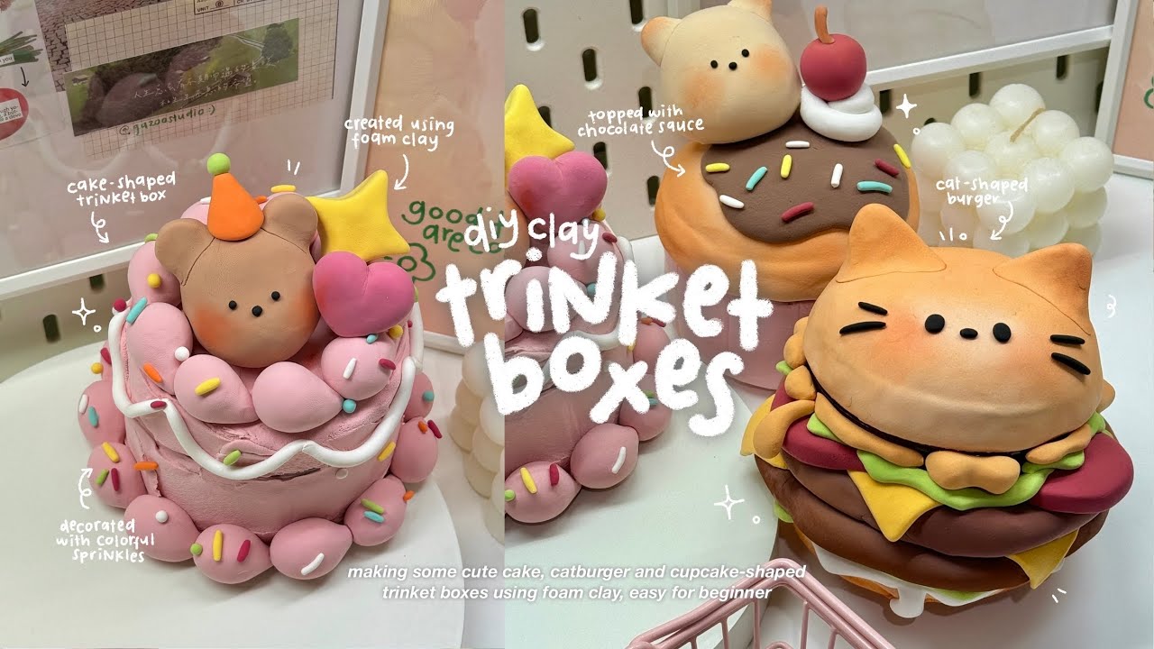 how i make cute clay trinket boxes🎂🍔🧁 using air dry clay / no bake