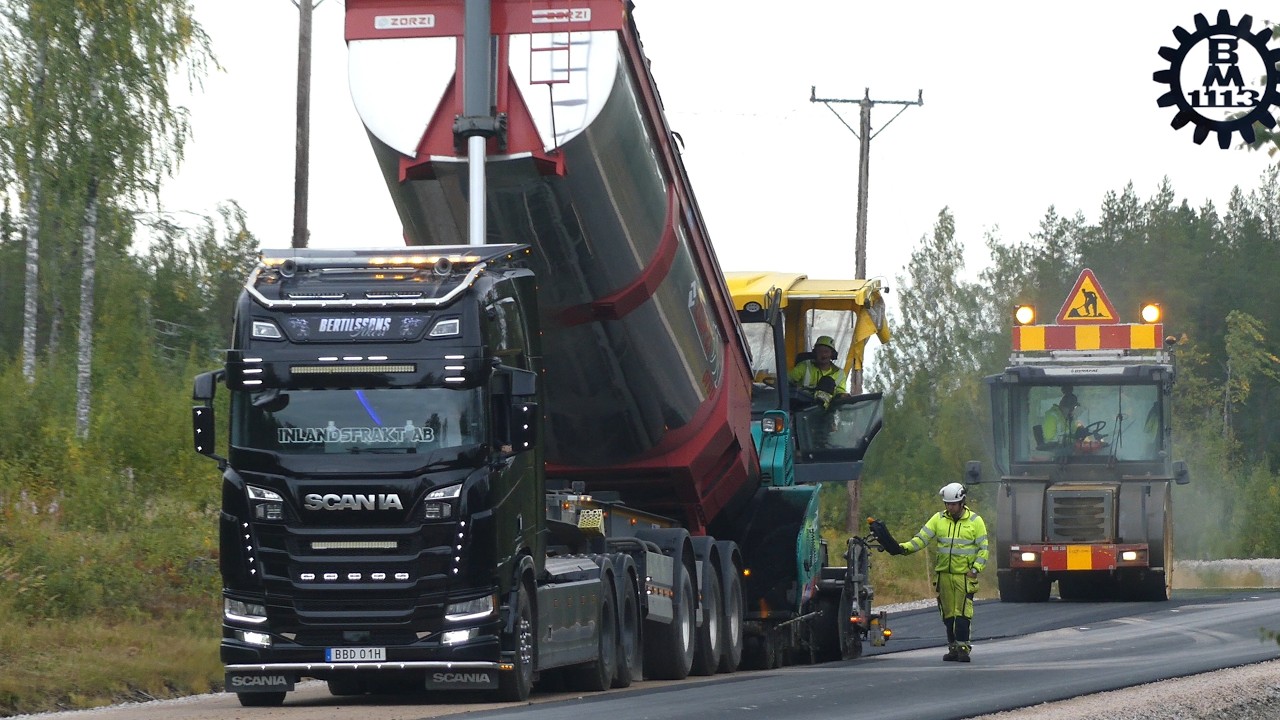 Paving with Vögele Super 1803-3I and Scania V8 Trucks