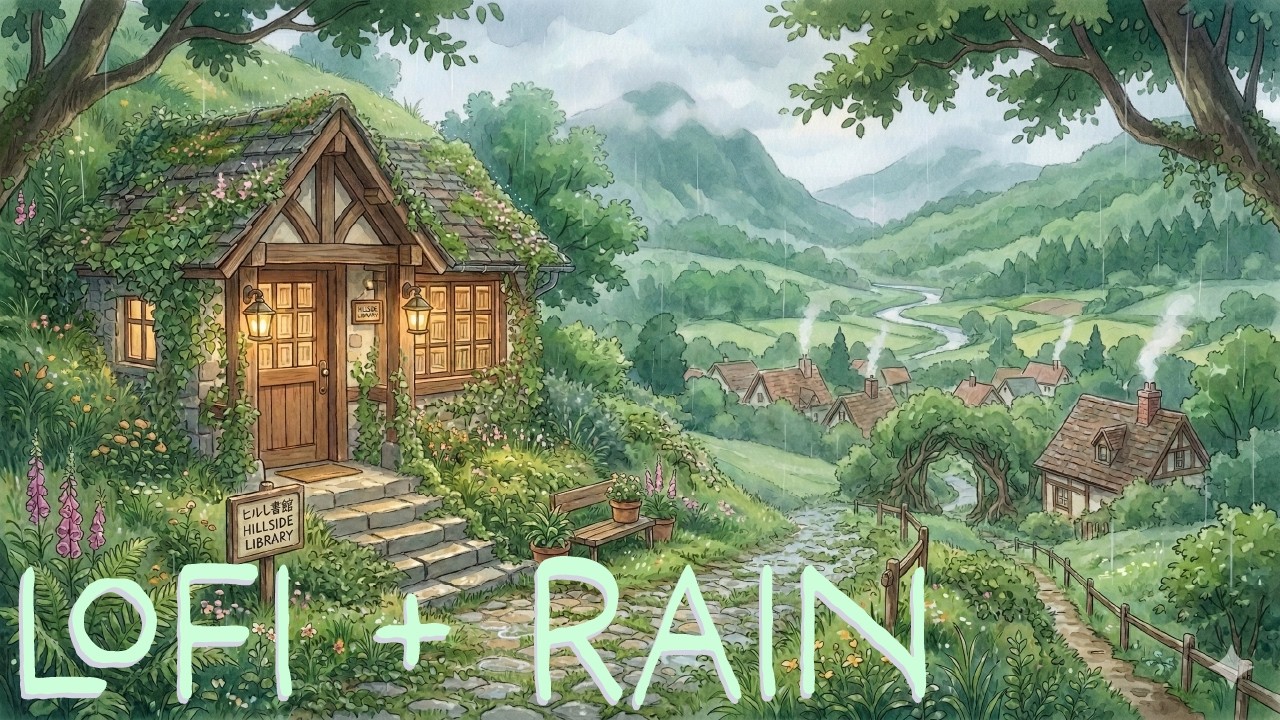 Rainy Library Ambience ☔📚 | Lofi Study Music & Rain Sounds | Cozy Ghibli-Style Relaxing (1 Hour)