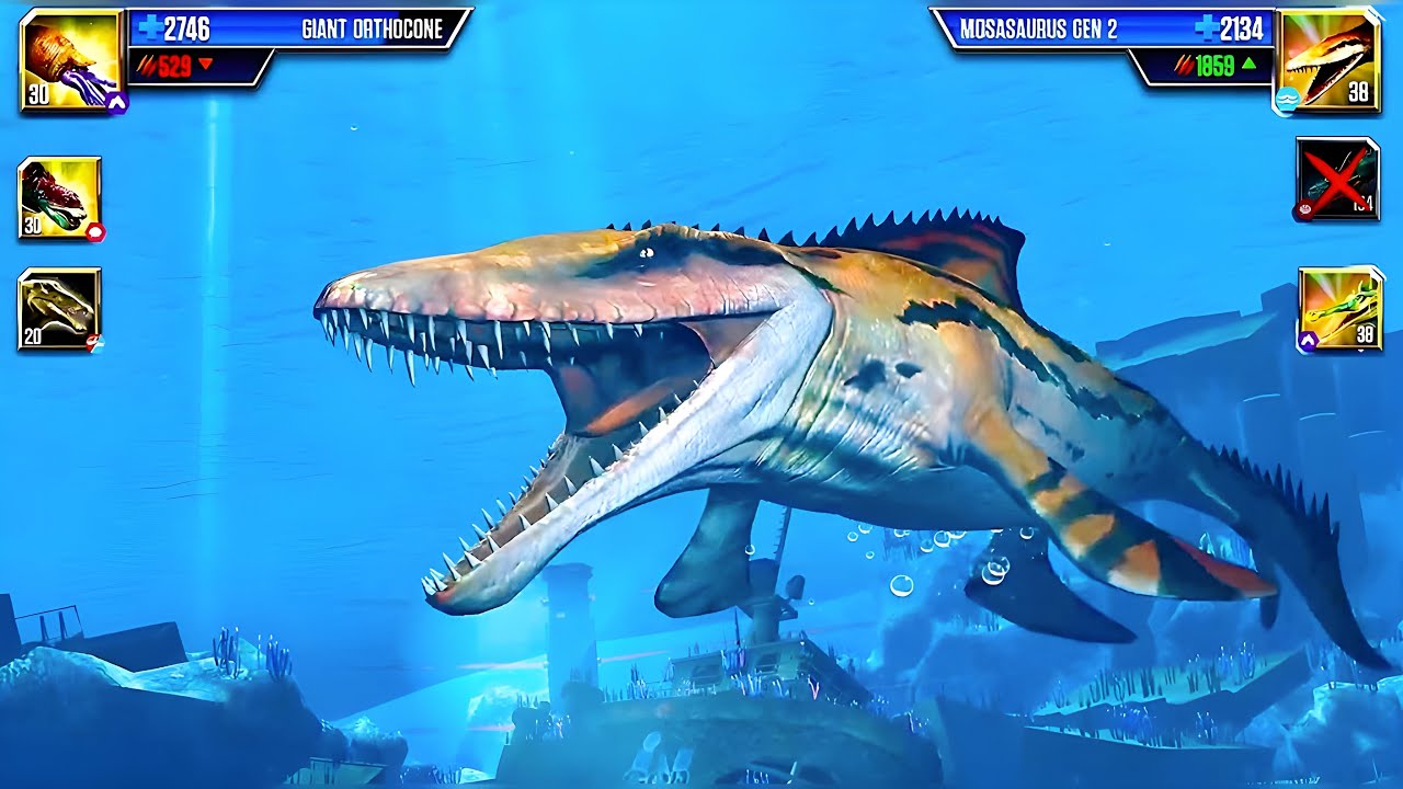 GIANT ORTHOCONE VS MOSASAURUS GEN2 IN JW | Jurassic World The Game- Aquatic Planet 
