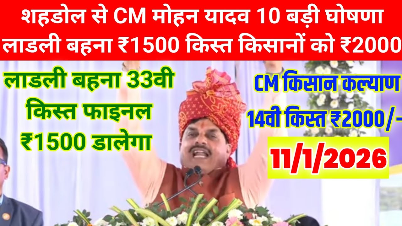 शहडोल से CM मोहन यादव 10 बड़ी घोषणा/ लाडली बहना/ ₹1500 किस्त/किसानों को बड़ी सौगात/₹2000/